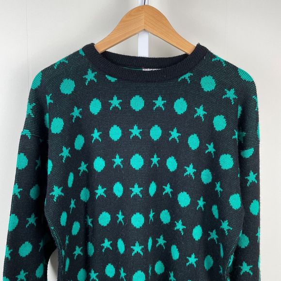 Vintage 80s Fortune Knits Geometric Green Black Sweater Circles Stars‎ One Size - Picture 3 of 5